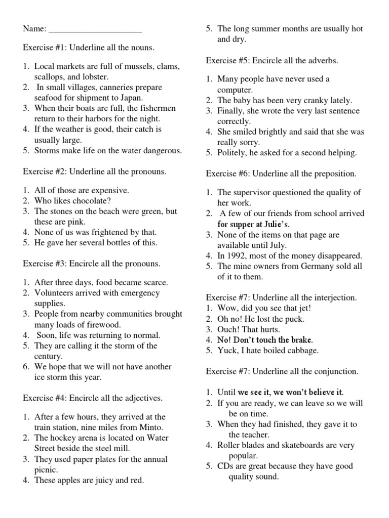 Parts of Speech Exercise PDF