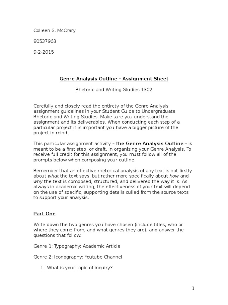 genre analysis outline assignment sheet dt 1 Genre Rhetoric