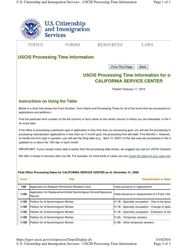 USCIS CSC Processing Times Table (2-2010) | United States Citizenship ...