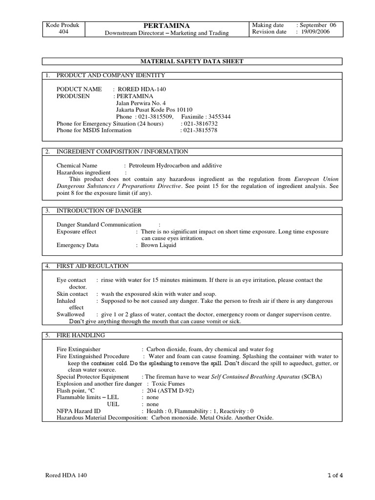 Material Safety Data Sheet for Rored HDA140 Hydraulic Oil Detailing