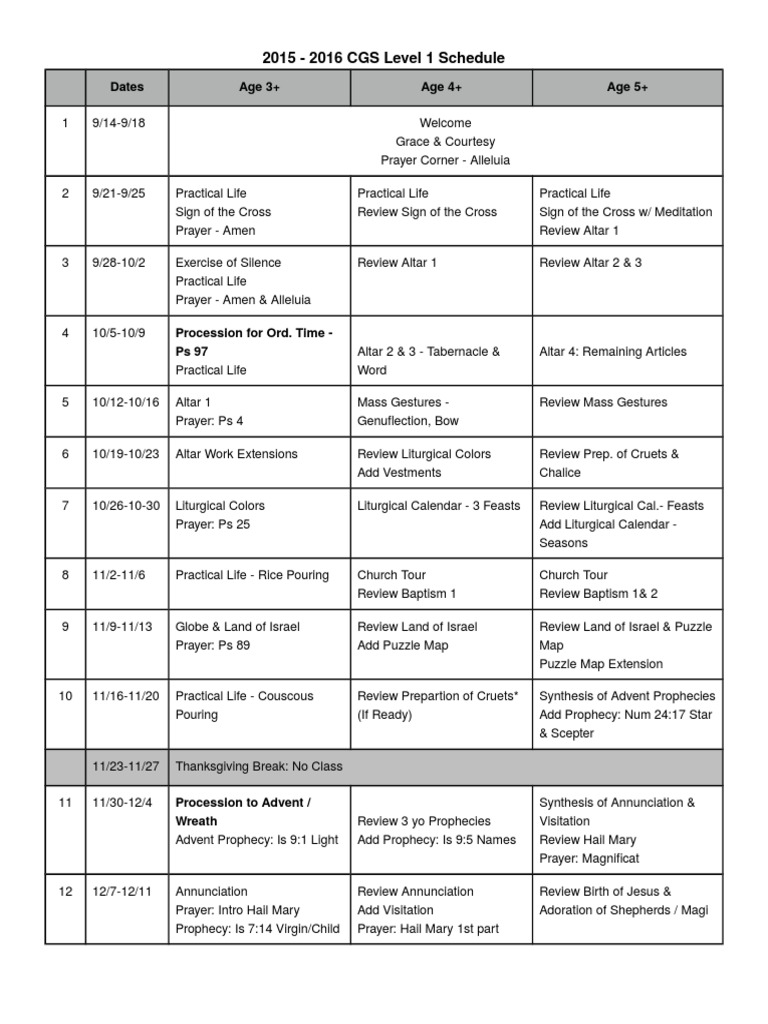 CGS Level 1 Schedule 2015-2016 | PDF | Nativity Of Jesus | Advent