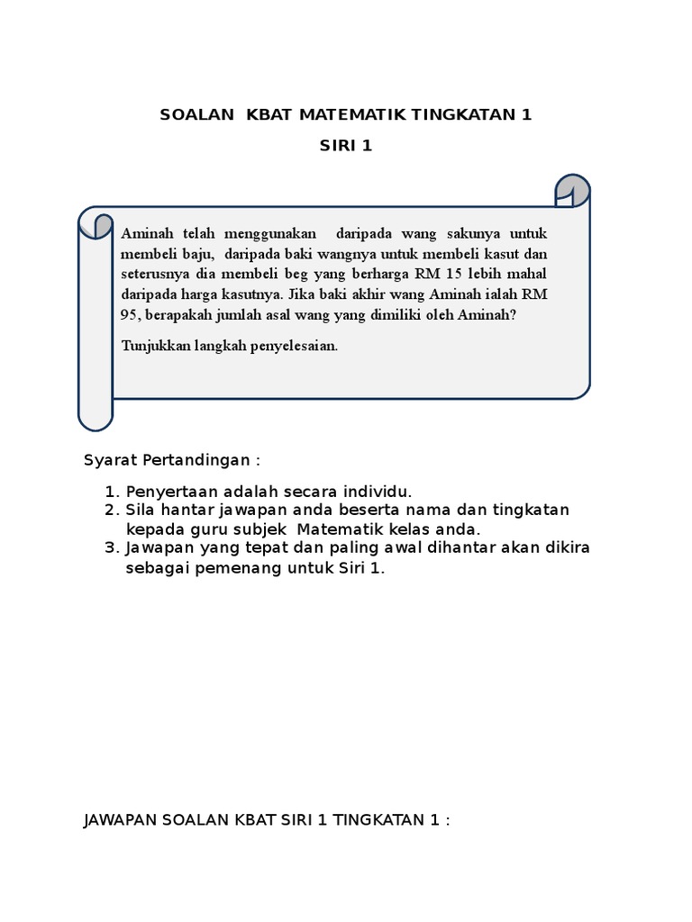 Soalan Kbat Matematik Tingkatan 1 Pdf