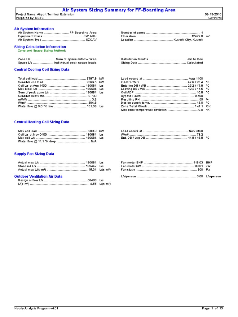 Air System Sizing Summary for Airport | PDF | Hvac | Mechanical Fan