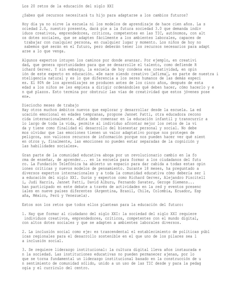 20 Retos de La Educación en El Siglo XXI | PDF | Plan de estudios ...
