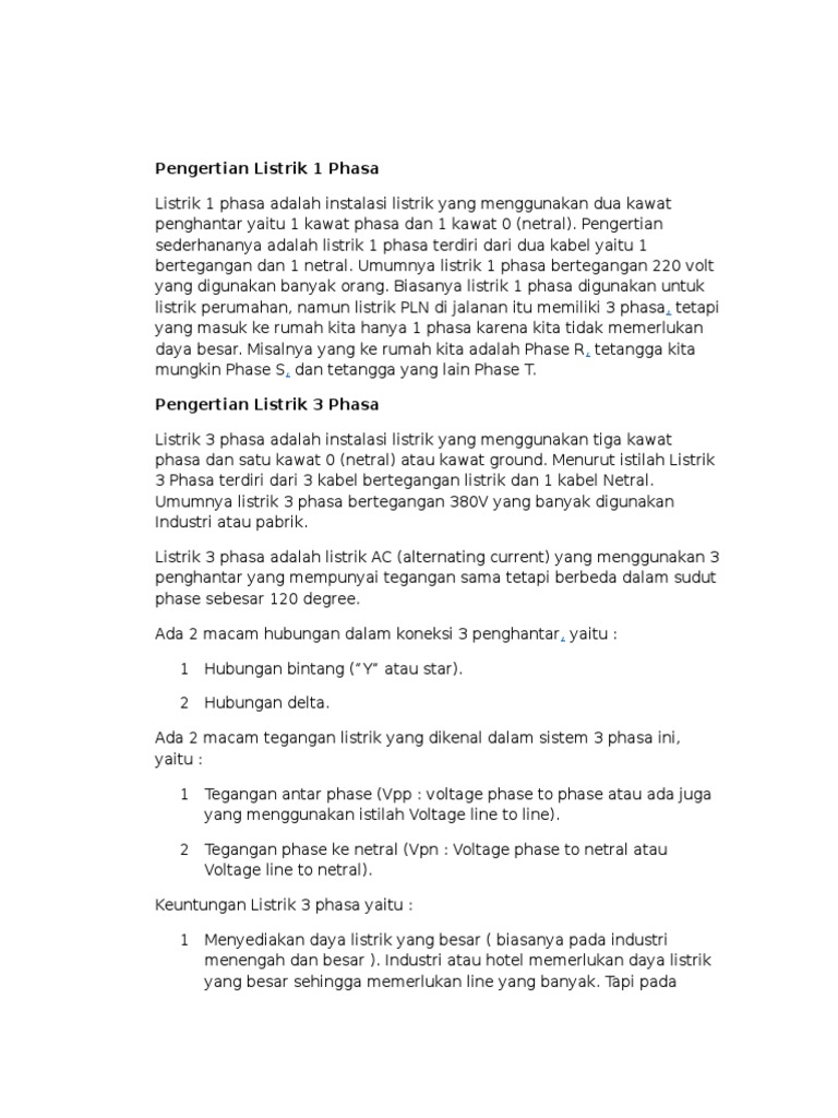 Pengertian Listrik 1 Phasa Pengertian Listrik 1 Phasa