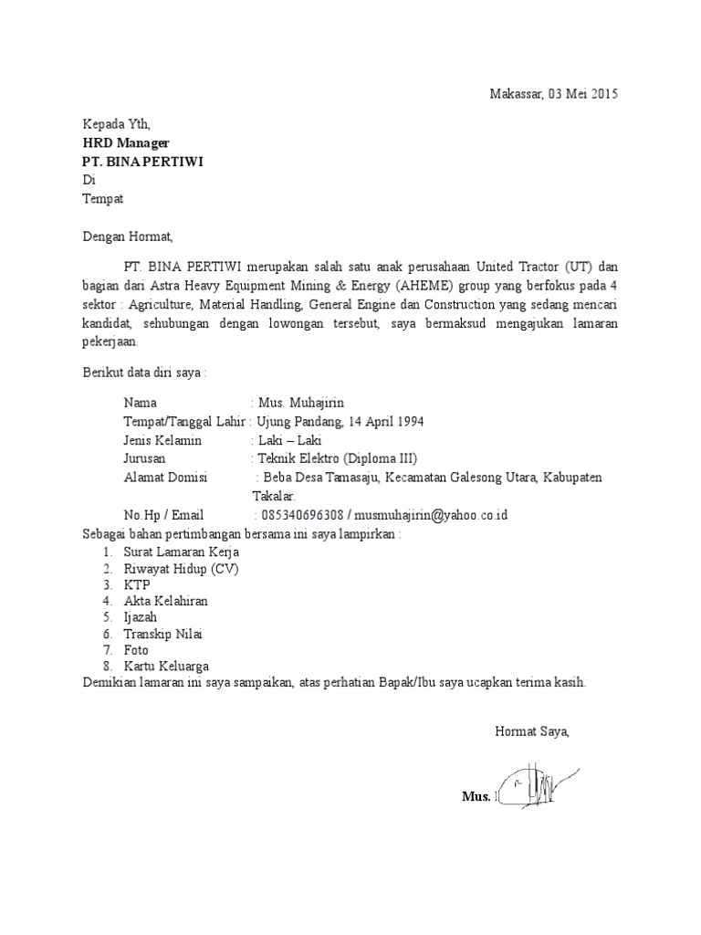 Surat Lamaran Kerja Pt Bina Pertiwi