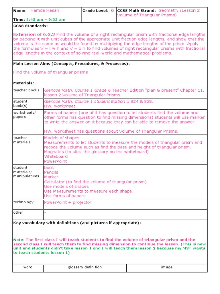 worksheet Volume Of Triangular Prism Worksheet hamda hasan long lesson plan triangle volume