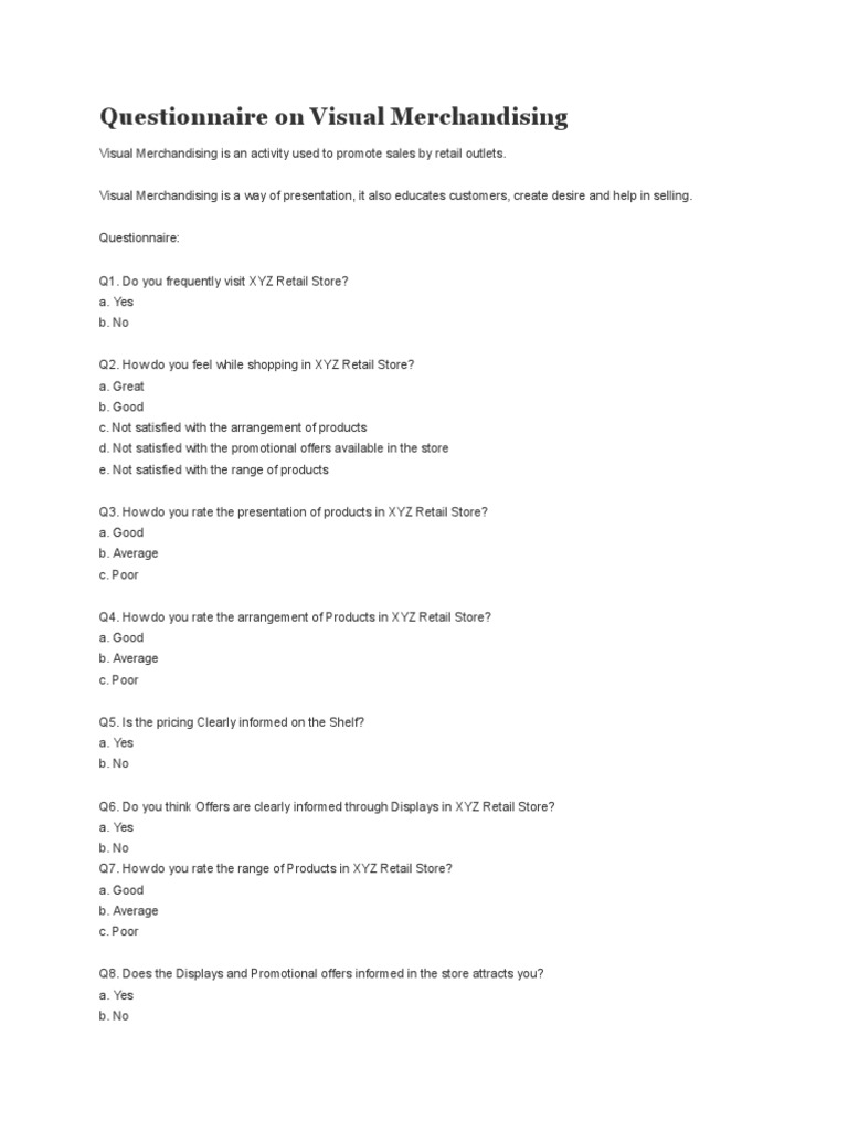 Questionnaire On Visual Merchandising | PDF | Retail | Merchandising