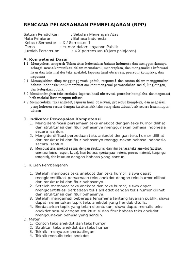 RPP Bahasa Indonesia Kelas X | PDF