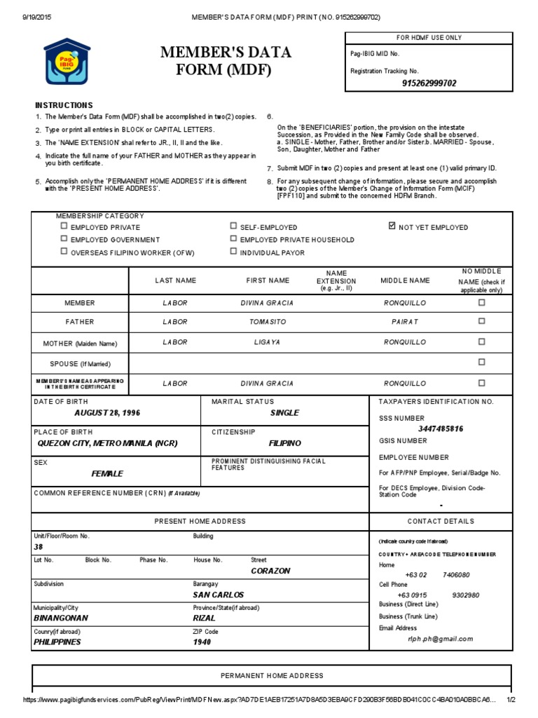 Member's Data Form (MDF) Print (No | PDF | Metro Manila | Employment