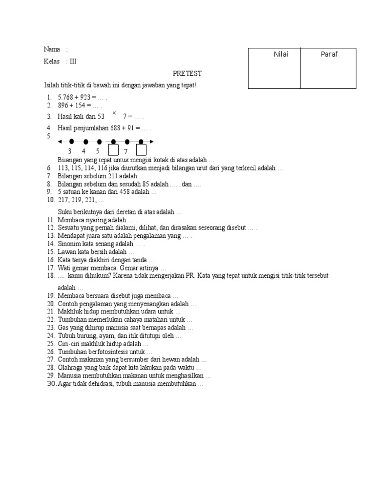Soal Pretest Kelas Iii Sd Matematika Ipa Bahasa Indonesia