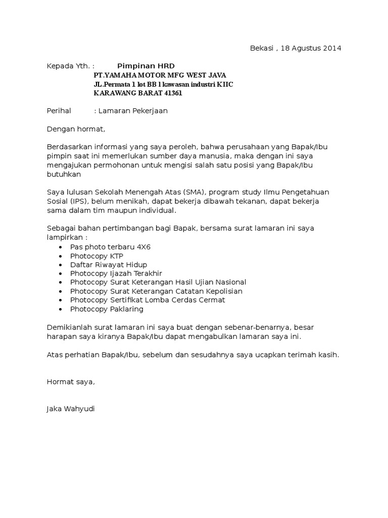 Contoh Membuat Surat Lamaran Kerja Bank Dan Cpns Terbaru