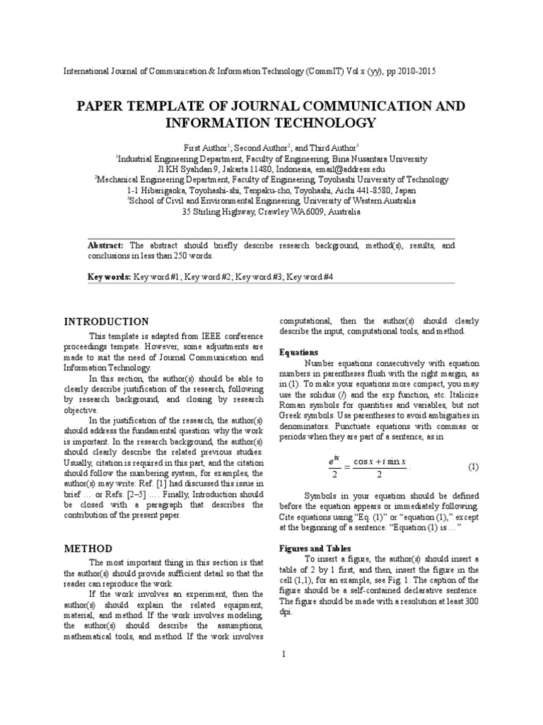 CommIT Template May 23  PDF  Abstract (Summary)  Equations In Journal Paper Template Word