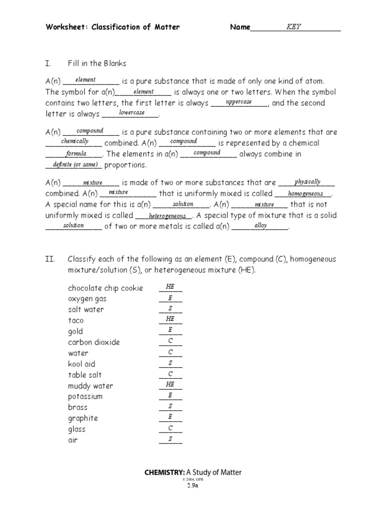 Classification of Matter  PDF  Mixture  Chemical Substances With Regard To Worksheet Classification Of Matter