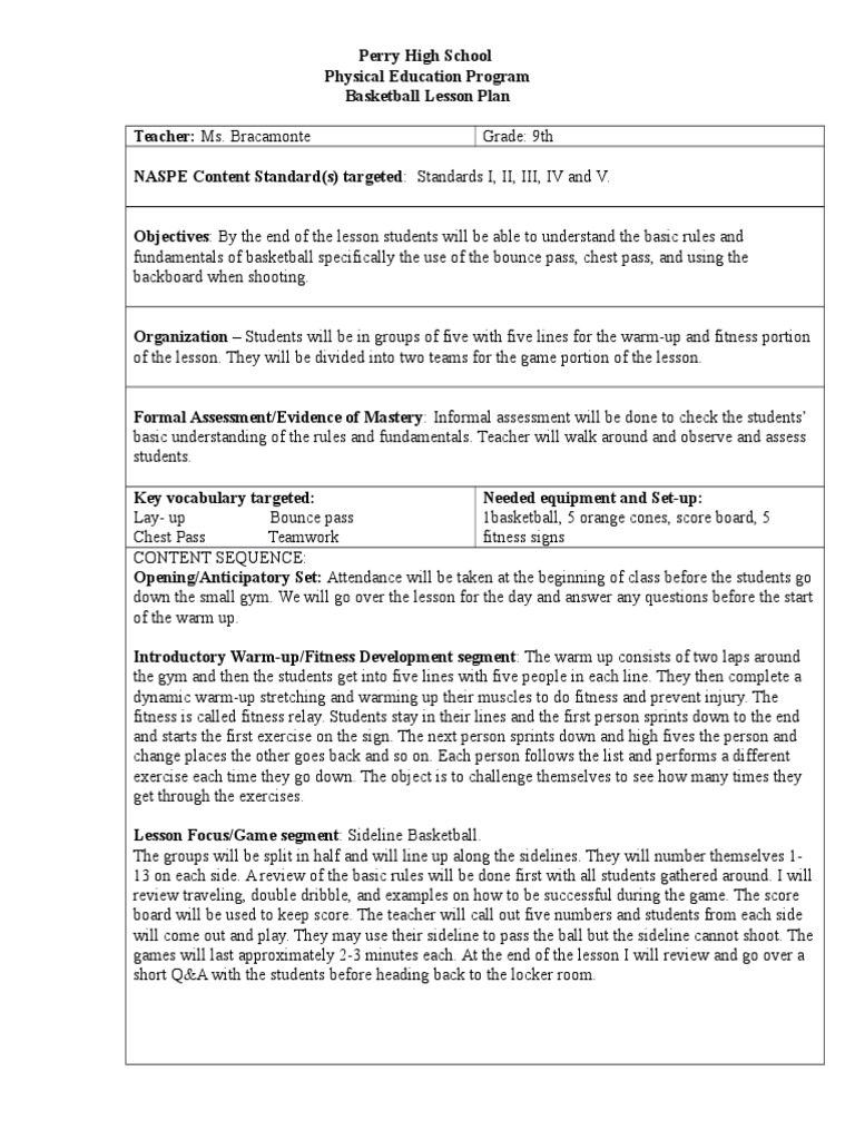 Basketball Lesson Plan PDF Physical Fitness Cognition