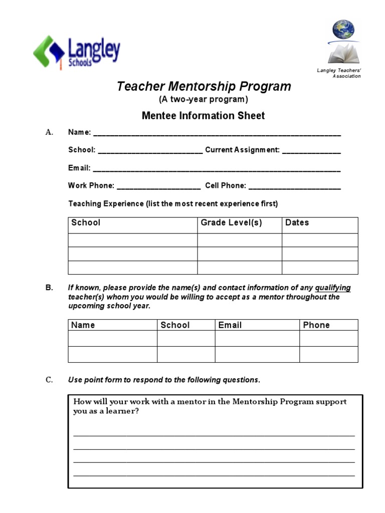 Teacher Mentorship Program Mentee Info | PDF