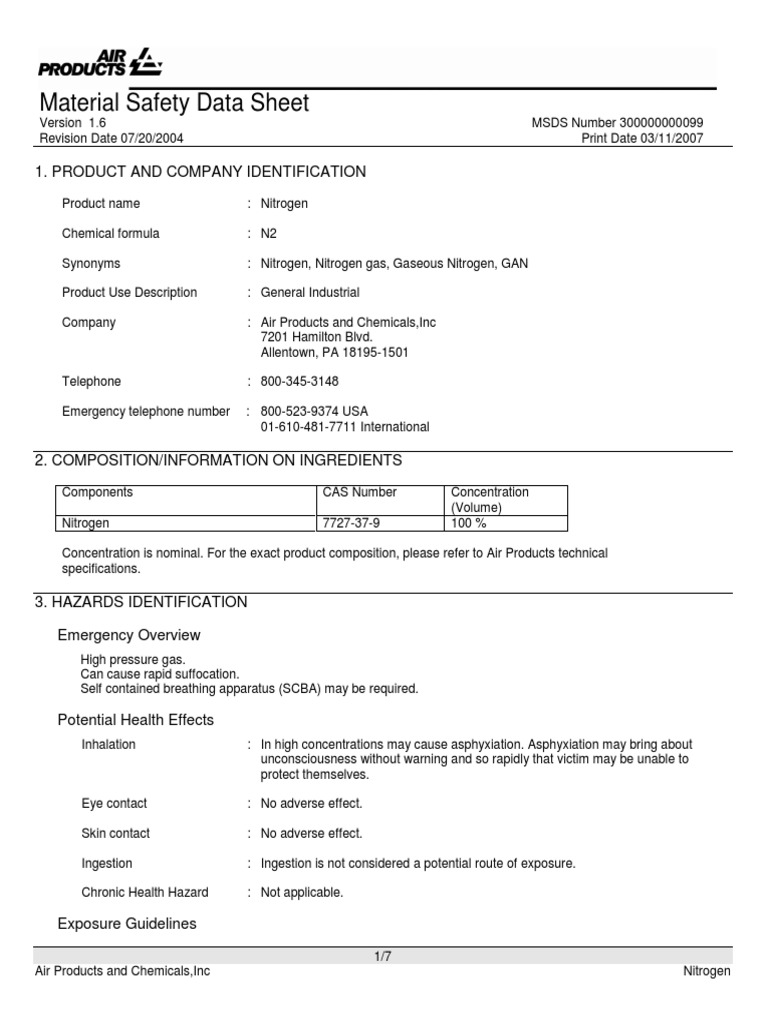 MSDS - Nitrogen | PDF | Valve | Safety