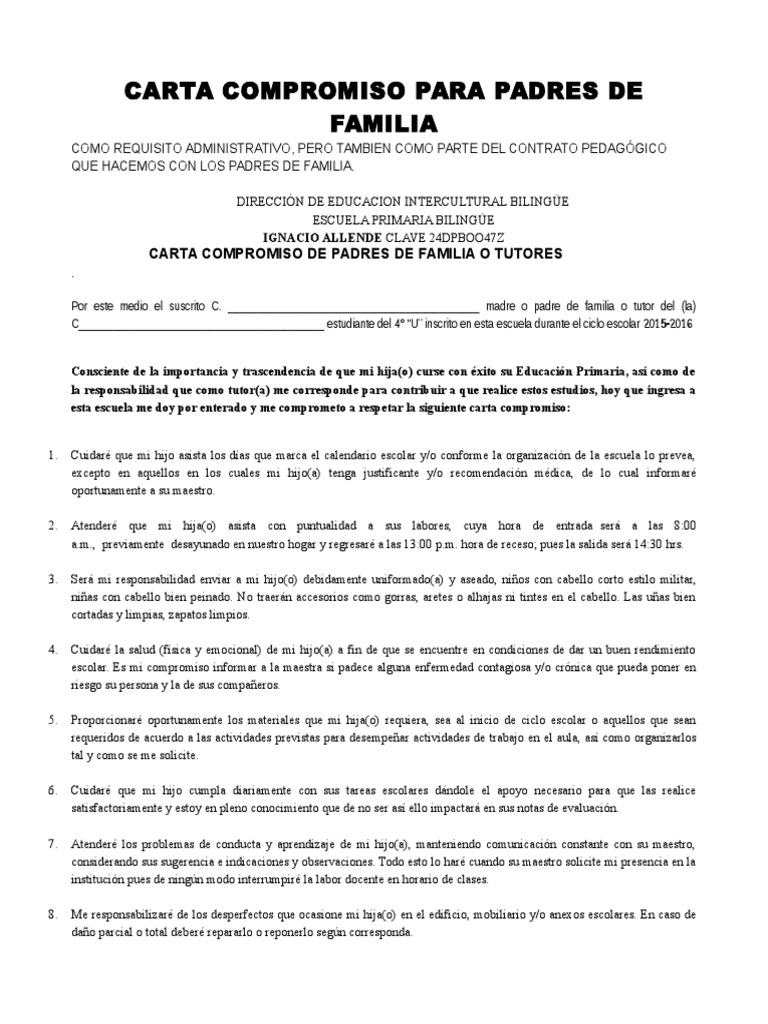 Carta Compromiso Para Padres de Familia