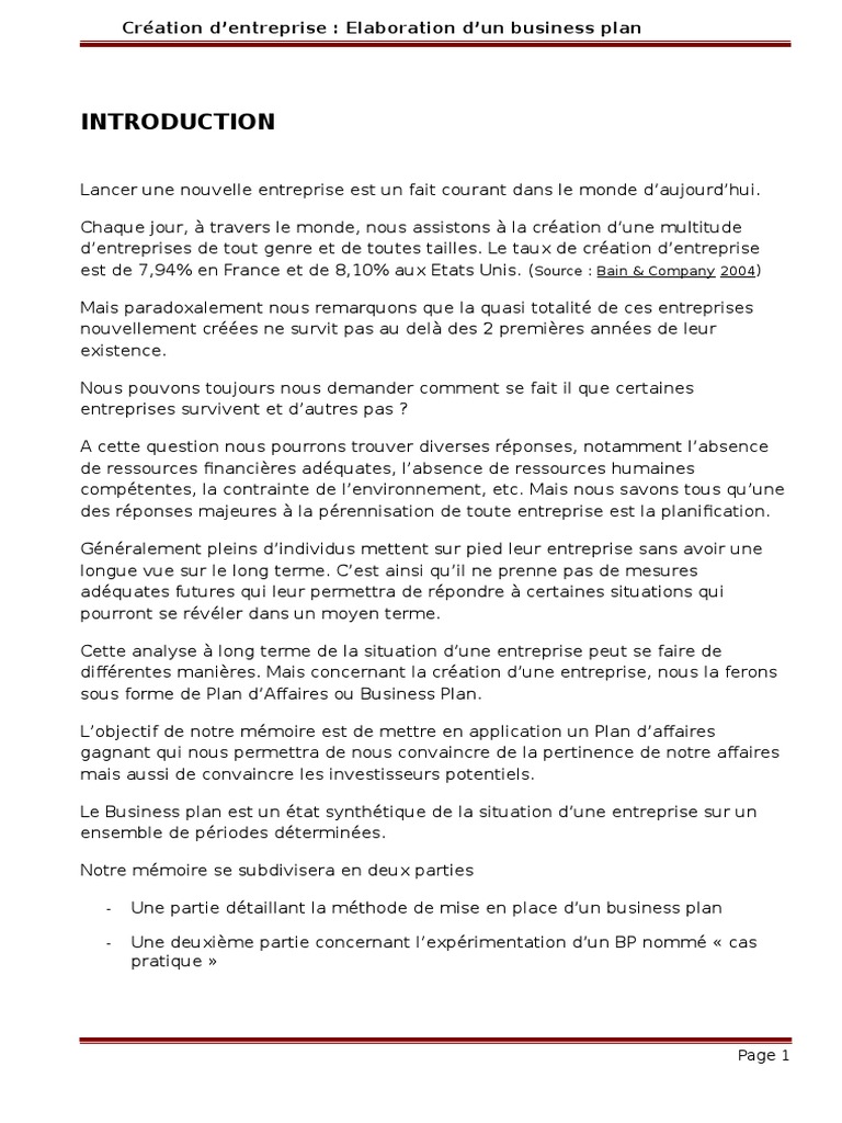 Exemple De Business Plan Reprise D entreprise Pdf Memoire Elaboration Du Business Plan | PDF | Plan d'affaires | Publicité