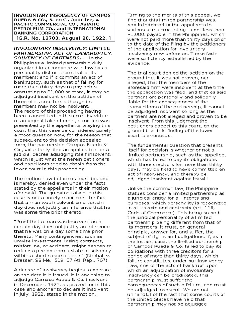 Involuntary Insolvency Case: Campos Rueda & Co. | PDF | Partnership ...