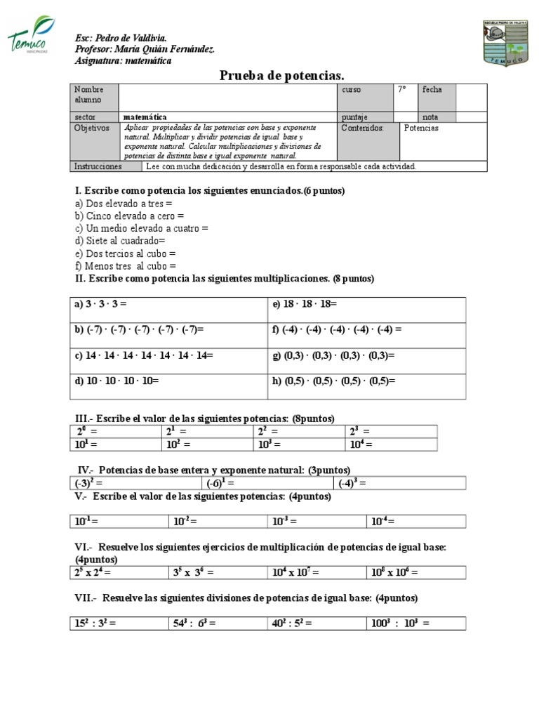 Prueba Formativa De Potencias De Séptimo Año B Sico 2015 Pdf