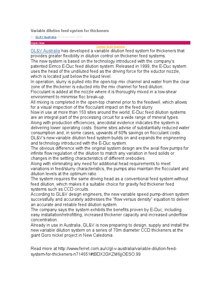 Variable Dilution Feed System For Thickeners PDF Pump Chemistry
