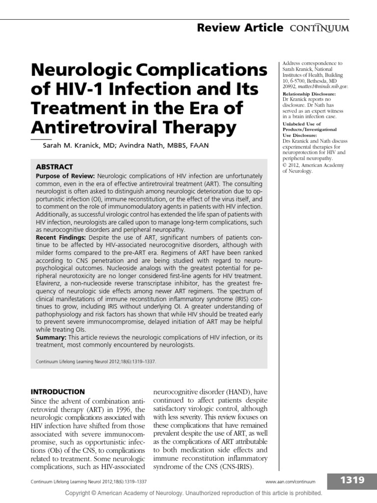 1319 Neurologic Complications of HIV1 Infection Management Of Hiv