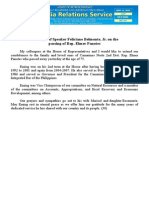 Sept17.2015 Cstatement of Speaker Feliciano Belmonte, Jr. On The Passing of Rep. Elmer Panotes