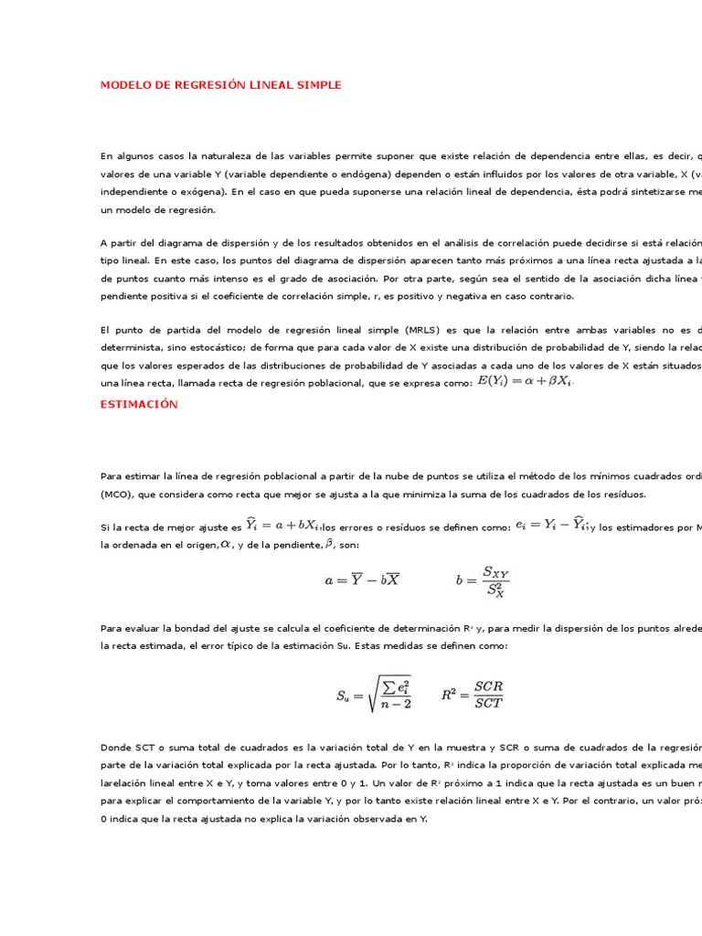 Modelo de Regresión Lineal Simple | PDF | Regresión lineal | Análisis de  regresión