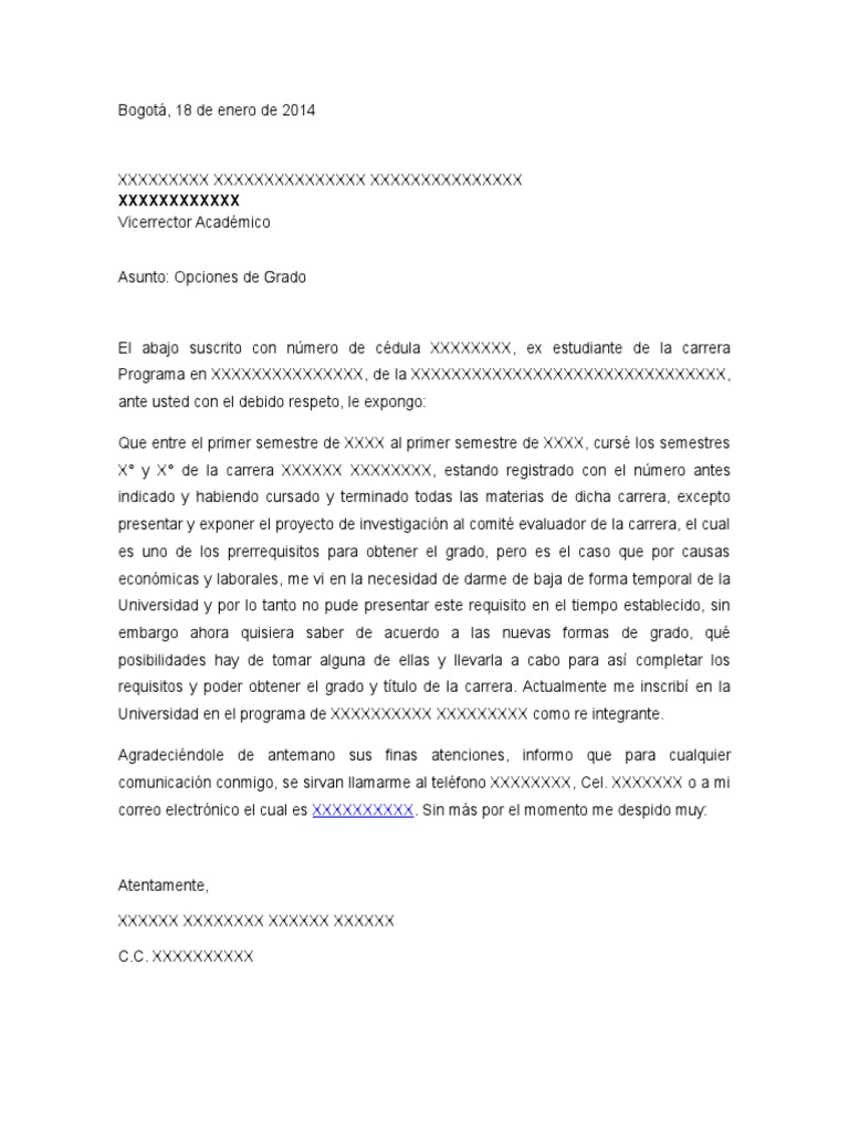 Carta de reingreso a la universidad word