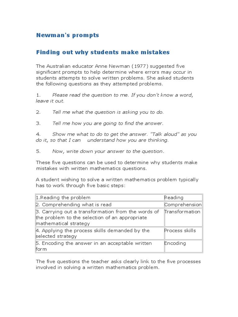 Newman's Prompts for Error Analysis | PDF | Language Arts & Discipline ...