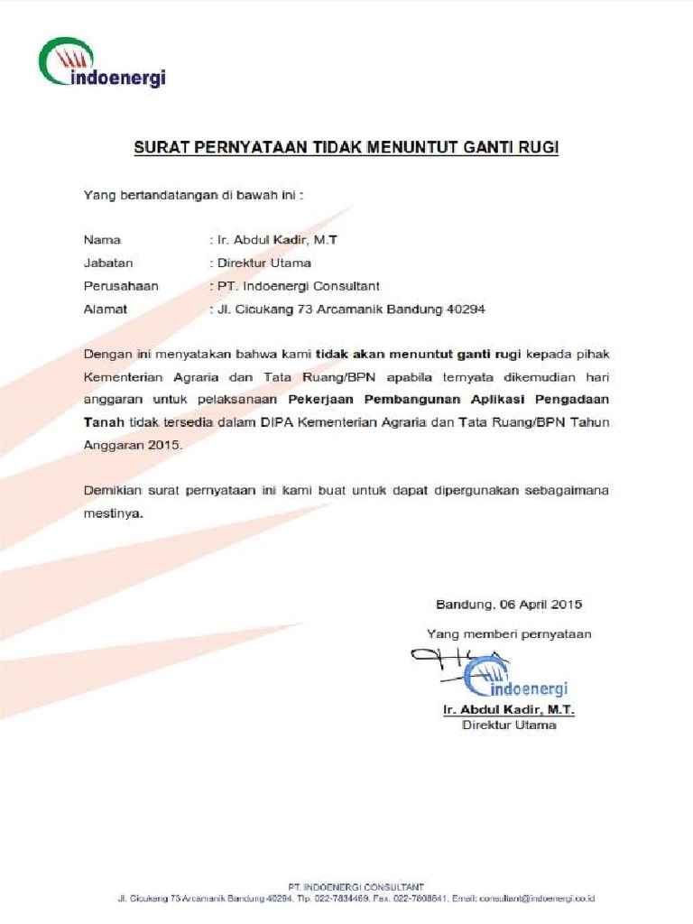 Surat Pernyataan Tidak Menuntut Ganti Rugi Pengadaan Tanah