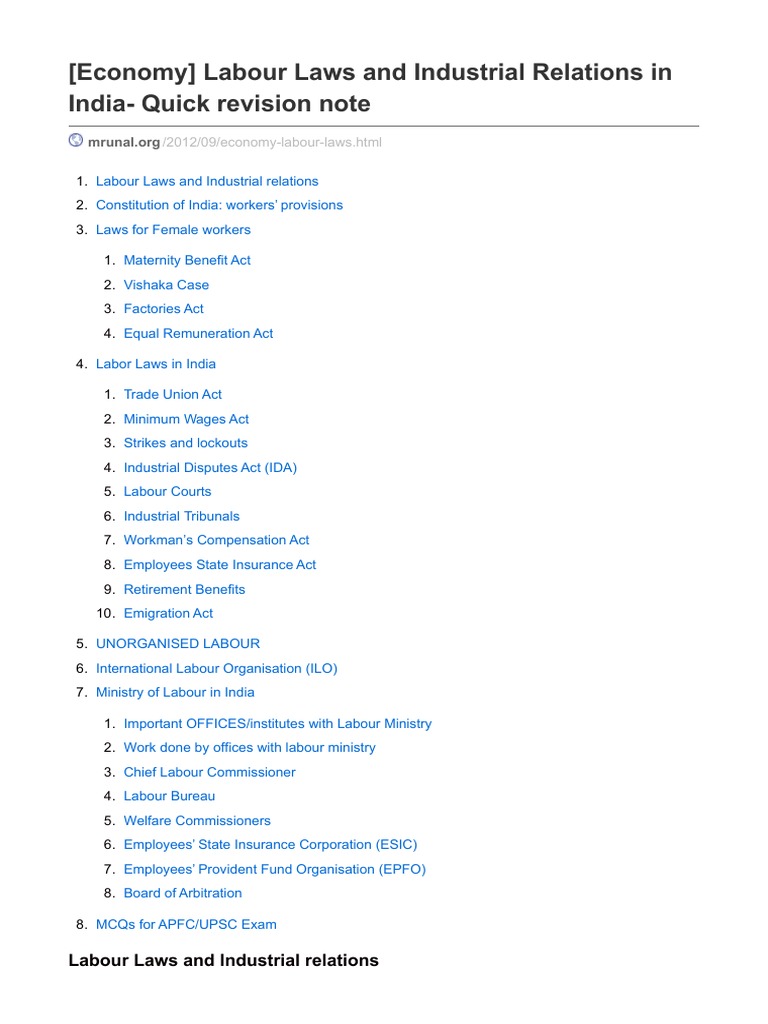 Economy Labour Laws and Industrial Relations in India - Quick Revision ...