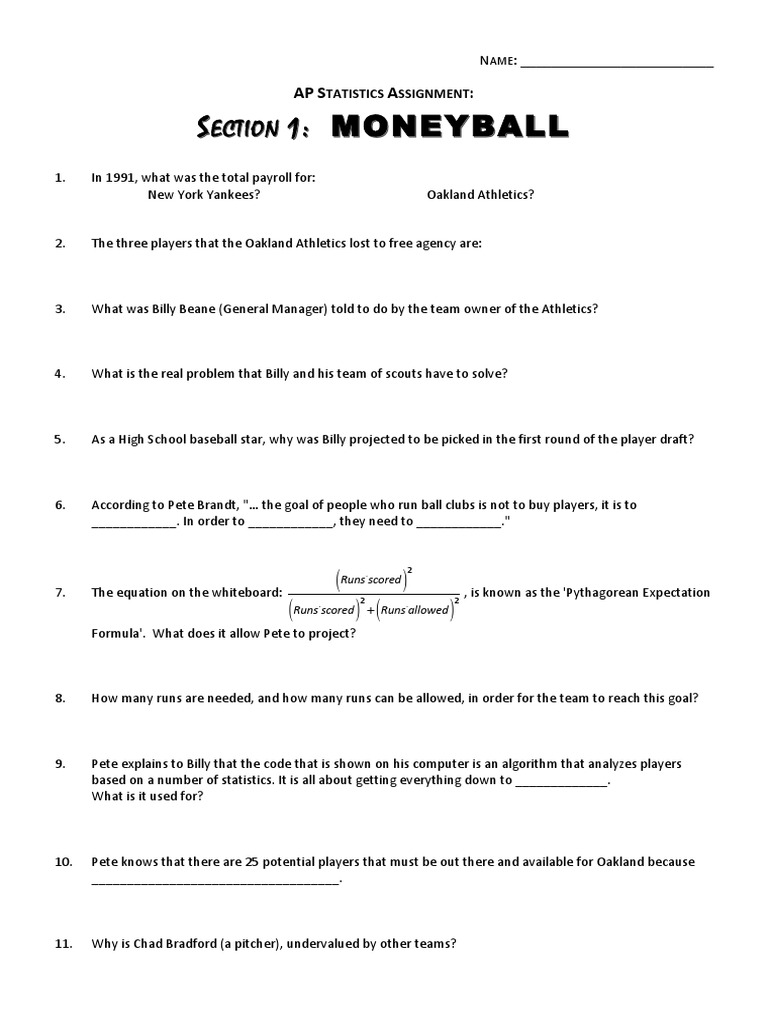 Moneyball Video Notes Answers | Baseball Teams | Sports | Prueba
