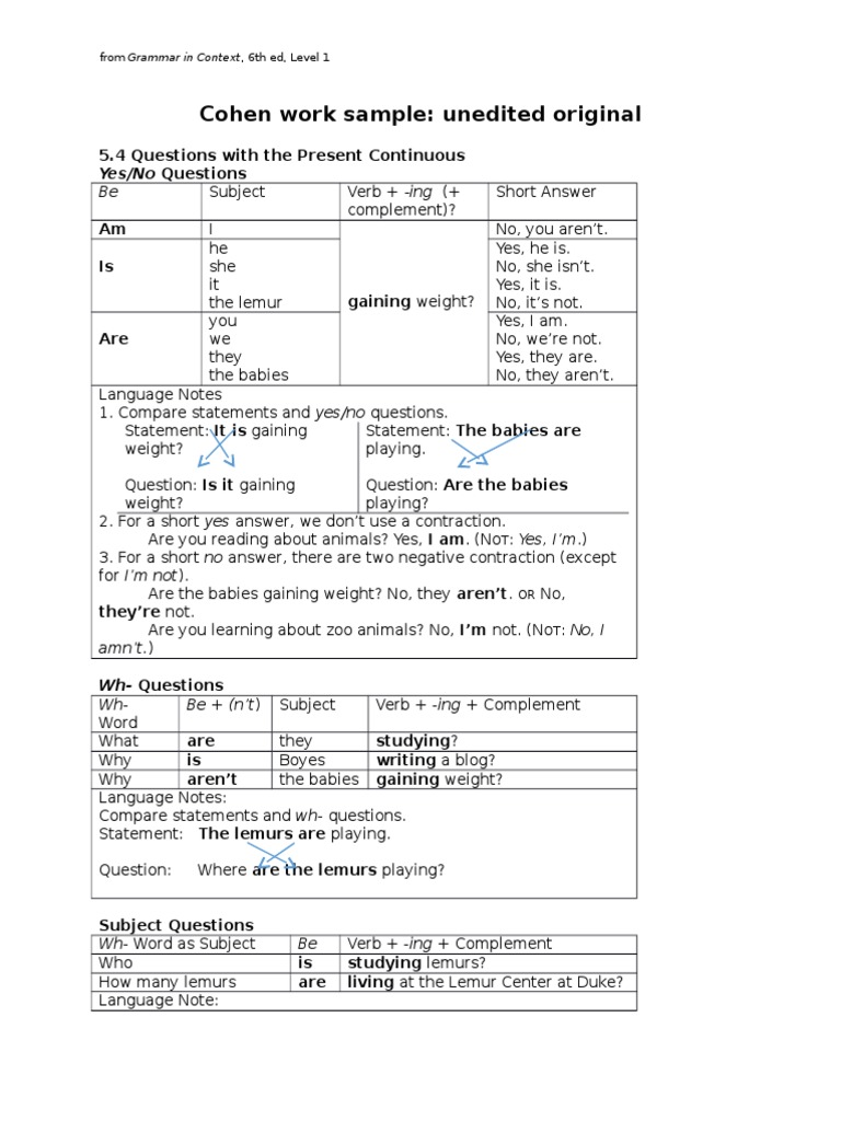 Cohen Work Sample: Unedited Original: Yes/No Questions | PDF