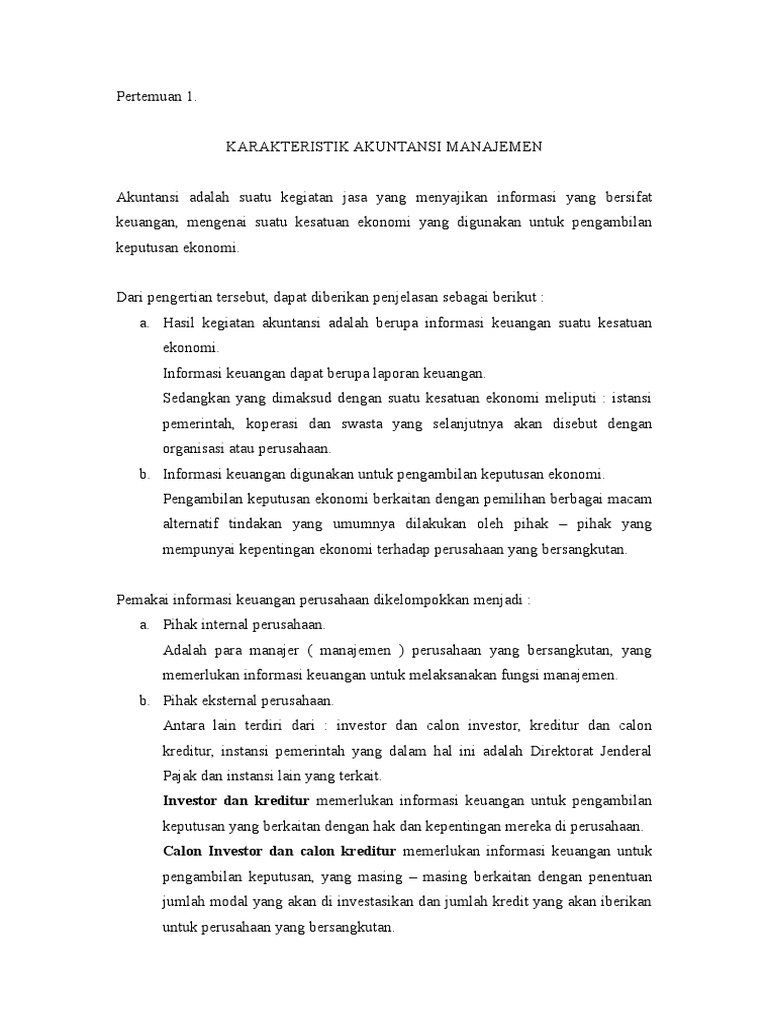 Pertemuan 1 Karakteristik Akuntansi Manajemen