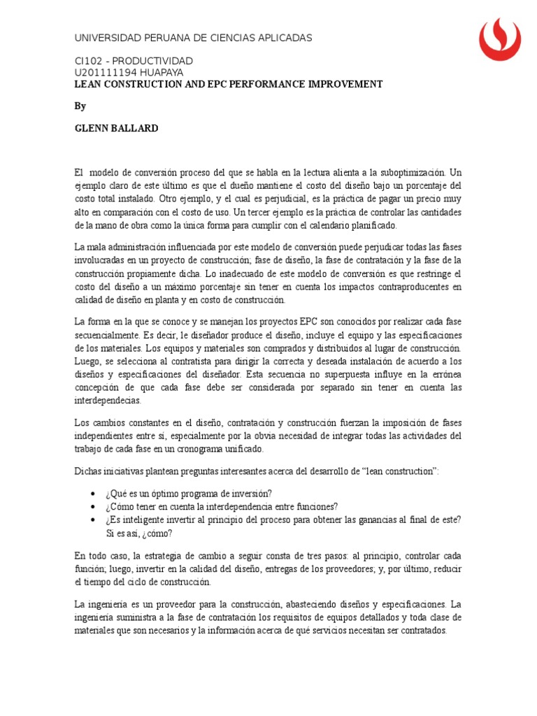 Mejora en Lean Construction y EPC | PDF | Calidad (comercial) | Diseño