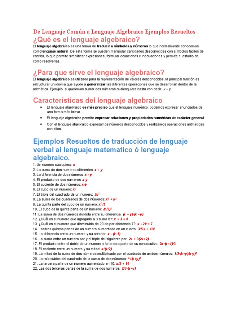 De Lenguaje Común a Lenguaje Algebraico Ejemplos Resueltos
