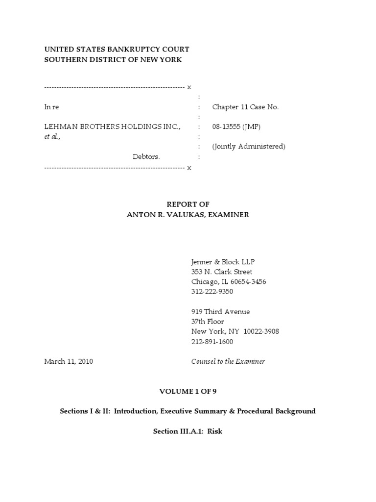 Lehman Brothers Examiners Report Combined Discounted Cash Flow