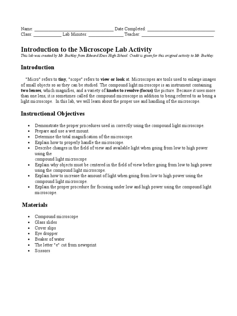 Introduction To The Microscope Lab Activity PDF Lens (Optics
