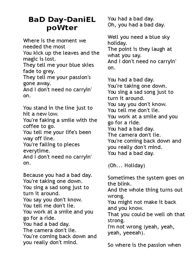 BaD Day (lirik lagu) | Pop Songs | Music Videos