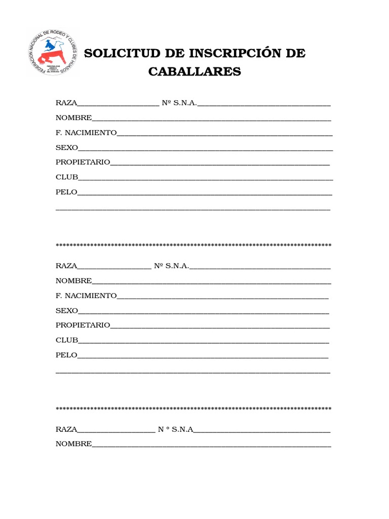 Solicitud De Inscripcion De Caballares Caballos Agricultura