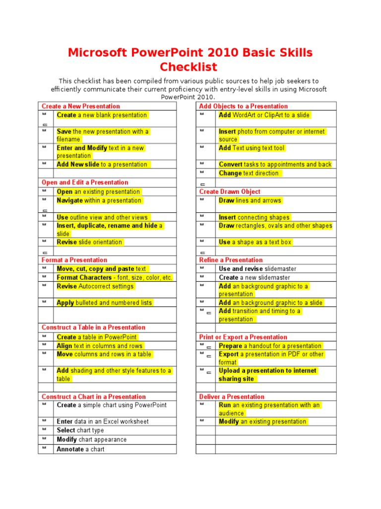 Microsoft Powerpoint 2010 Basic Skills Checklist | PDF | Computers