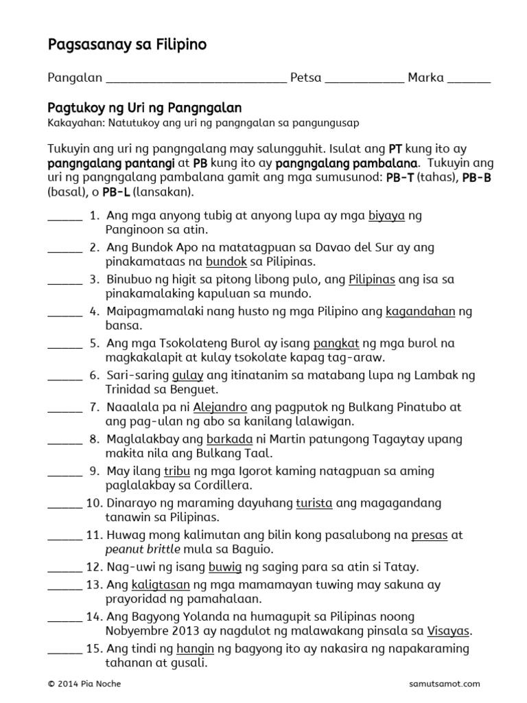 Uri Ng Pangngalan Worksheets Grade 1