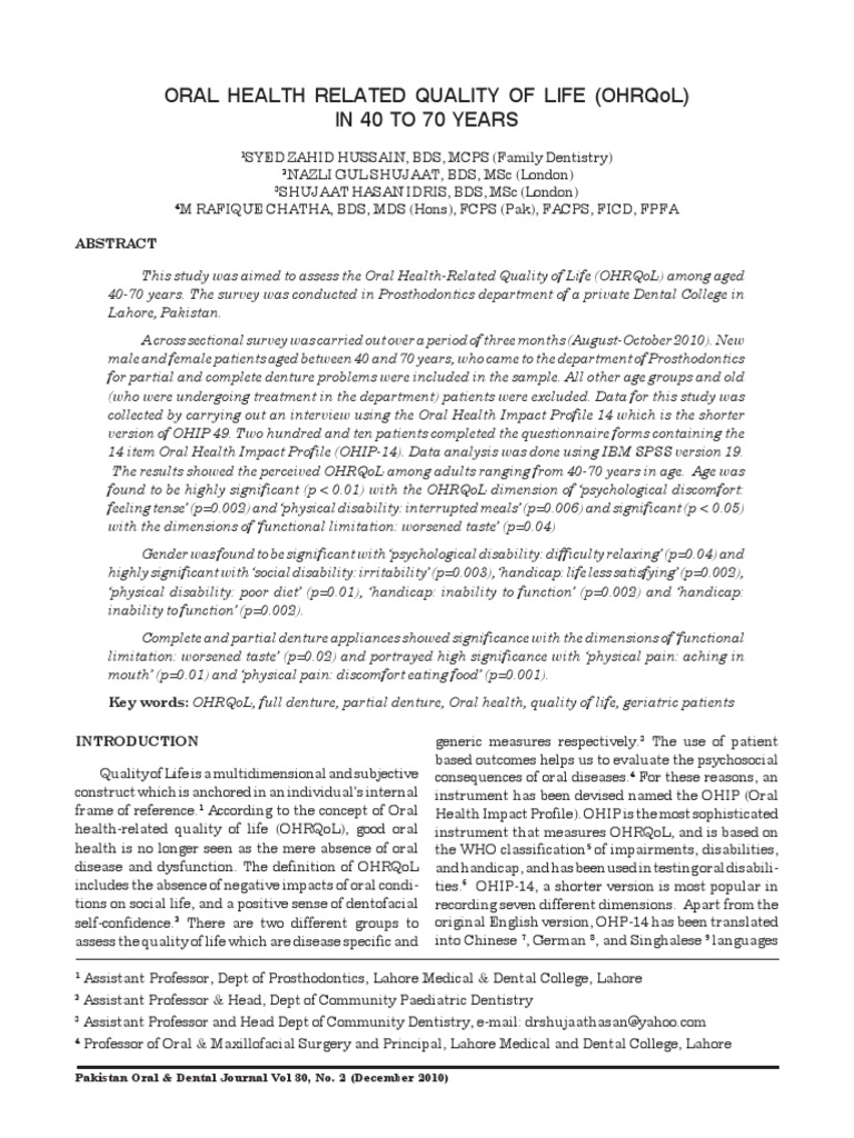 Oral Health Related Quality of Life (Ohrqol) in 40 To 70 Years | PDF ...