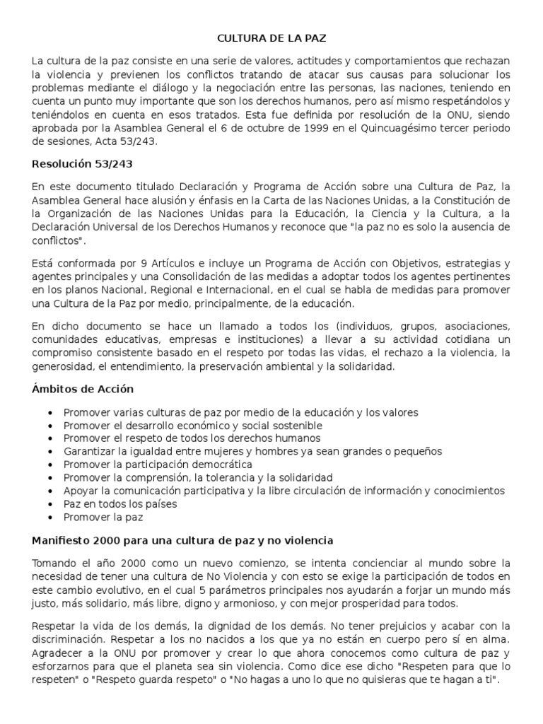 Promoviendo la Cultura de la Paz | PDF | Naciones Unidas | Relaciones ...