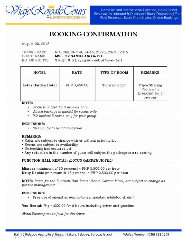 Booking Confirmation for Lotus Garden Hotel | PDF
