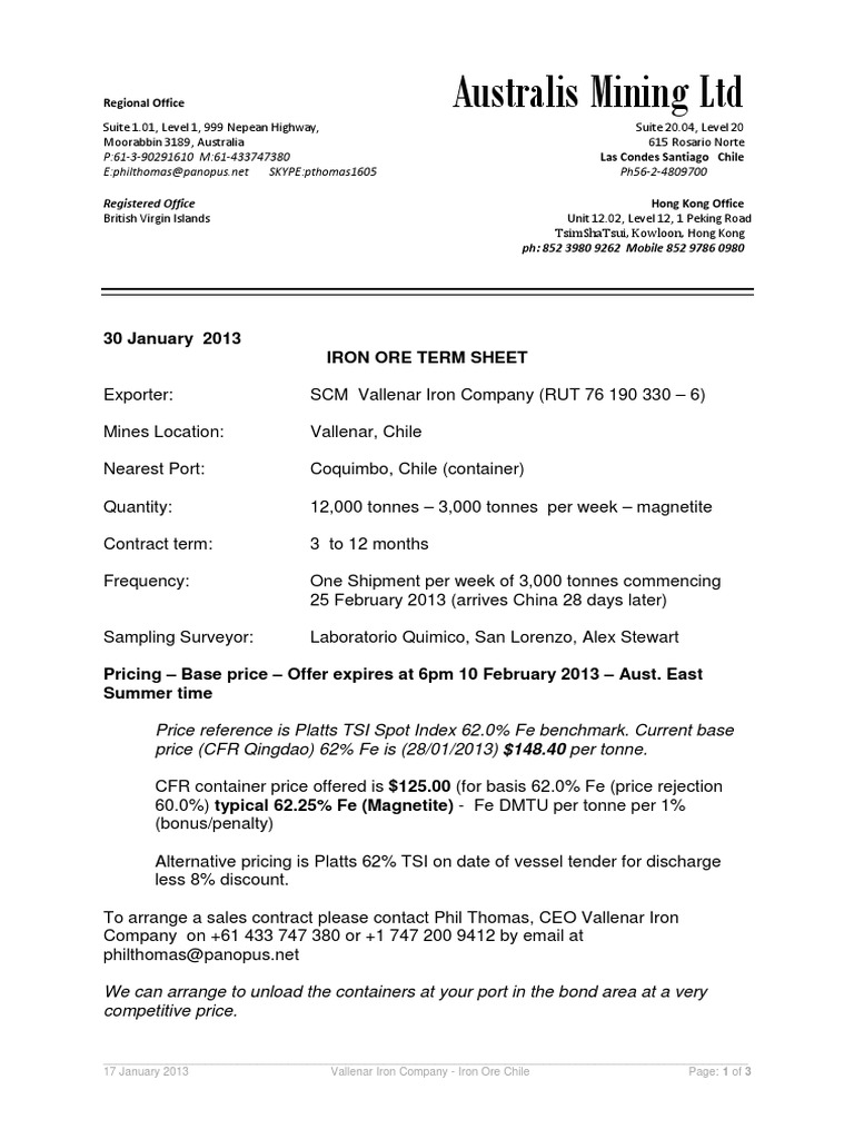 Australis Mining LTD Vallenar Iron Co | PDF | Letter Of Credit | Invoice