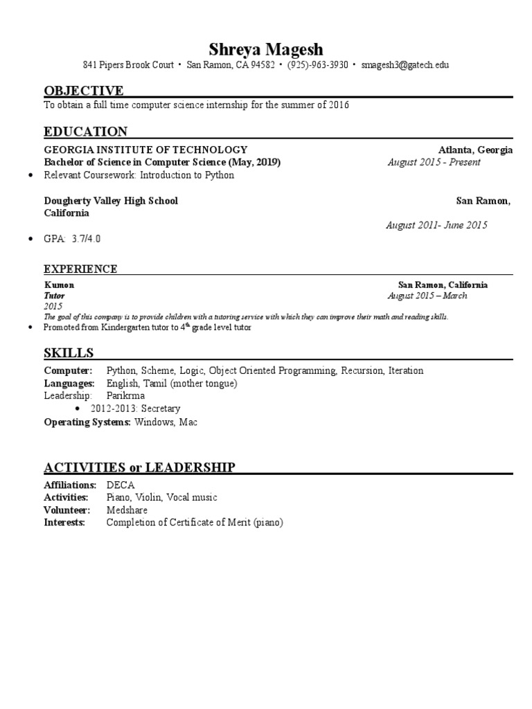Computer Science Internship Resume | PDF