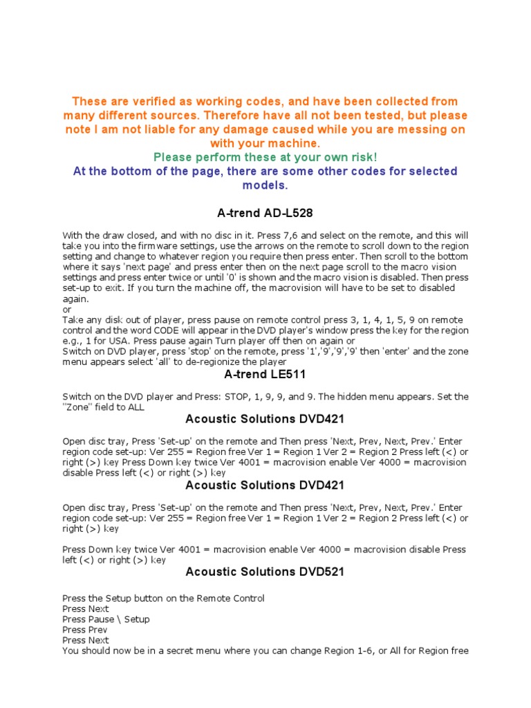 DVD Player Codes | PDF